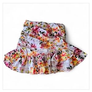 Interstyle Vibrant Floral Ruffle Ruched Cotton Lined Asymetric Mini Skirt Sz Sm